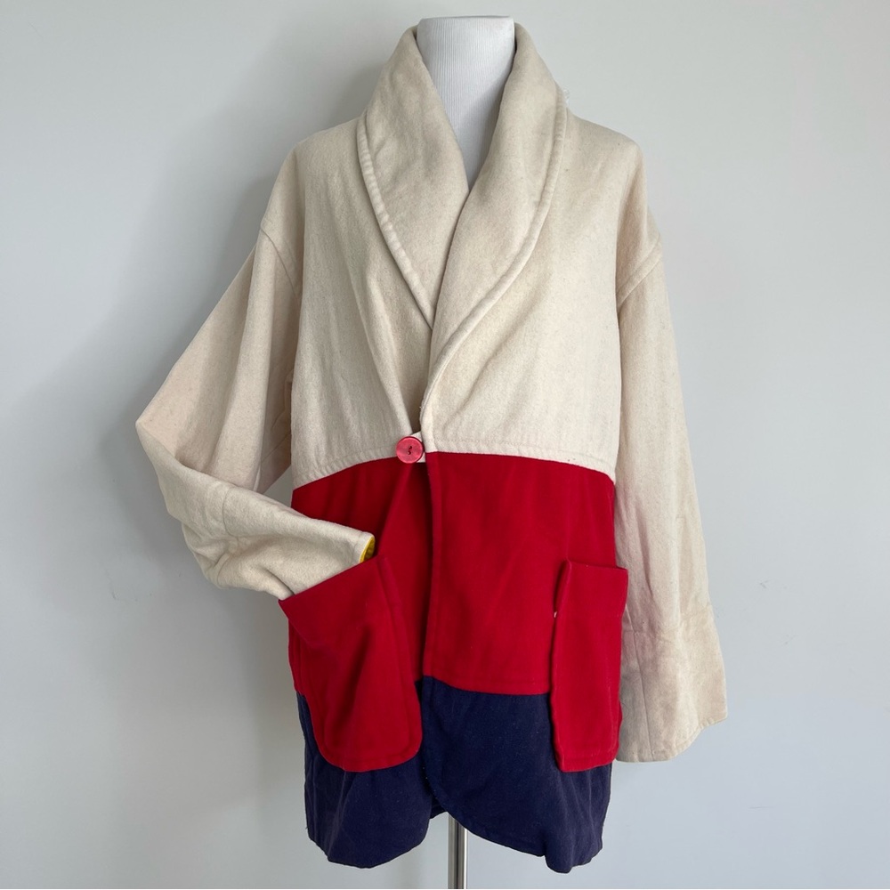 Vintage 80s Lizwear Liz Claiborne Colorblock 100% Wool Shawl Collar chore jacket